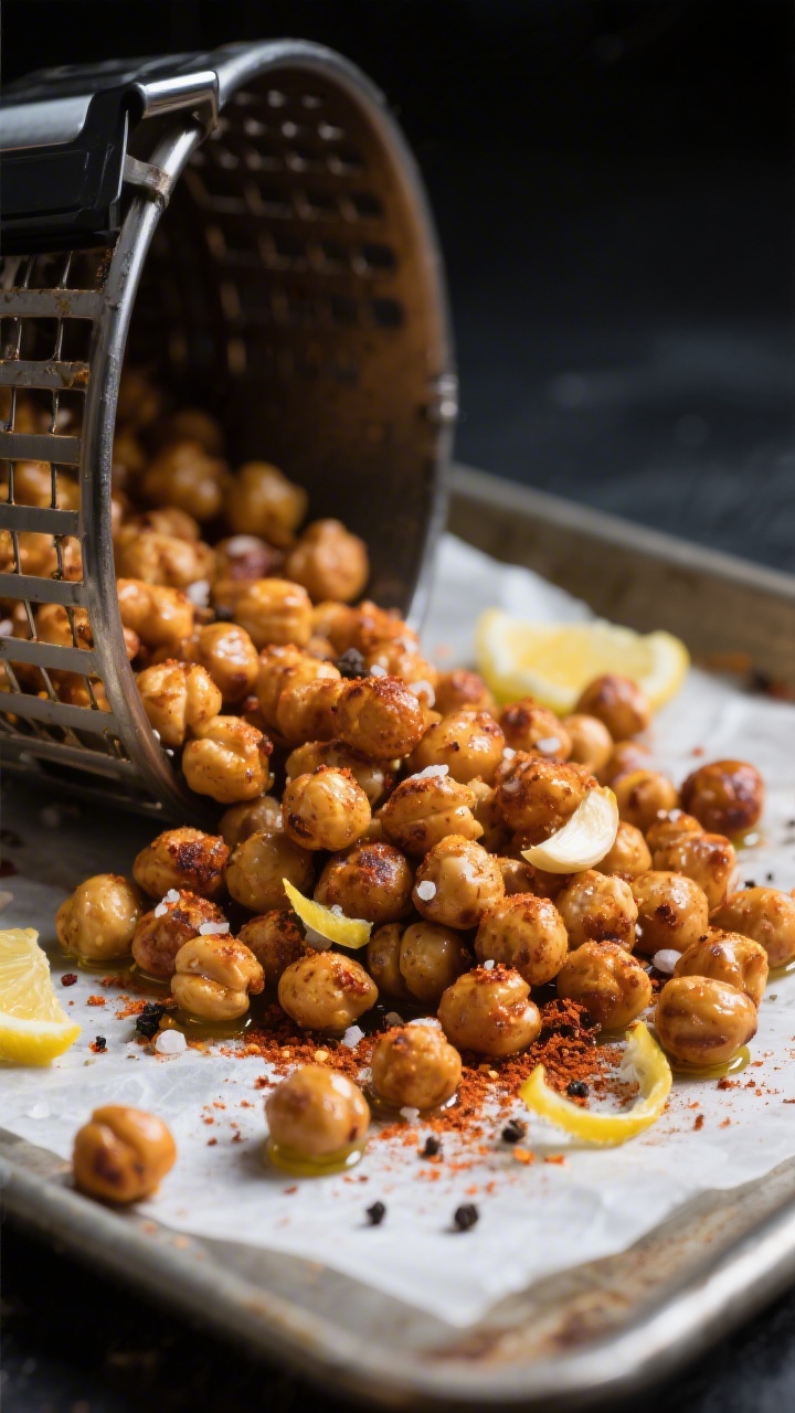 Close-up detail of freshly air-fried chickpeas spilling from an air fryer basket onto a parchment-li