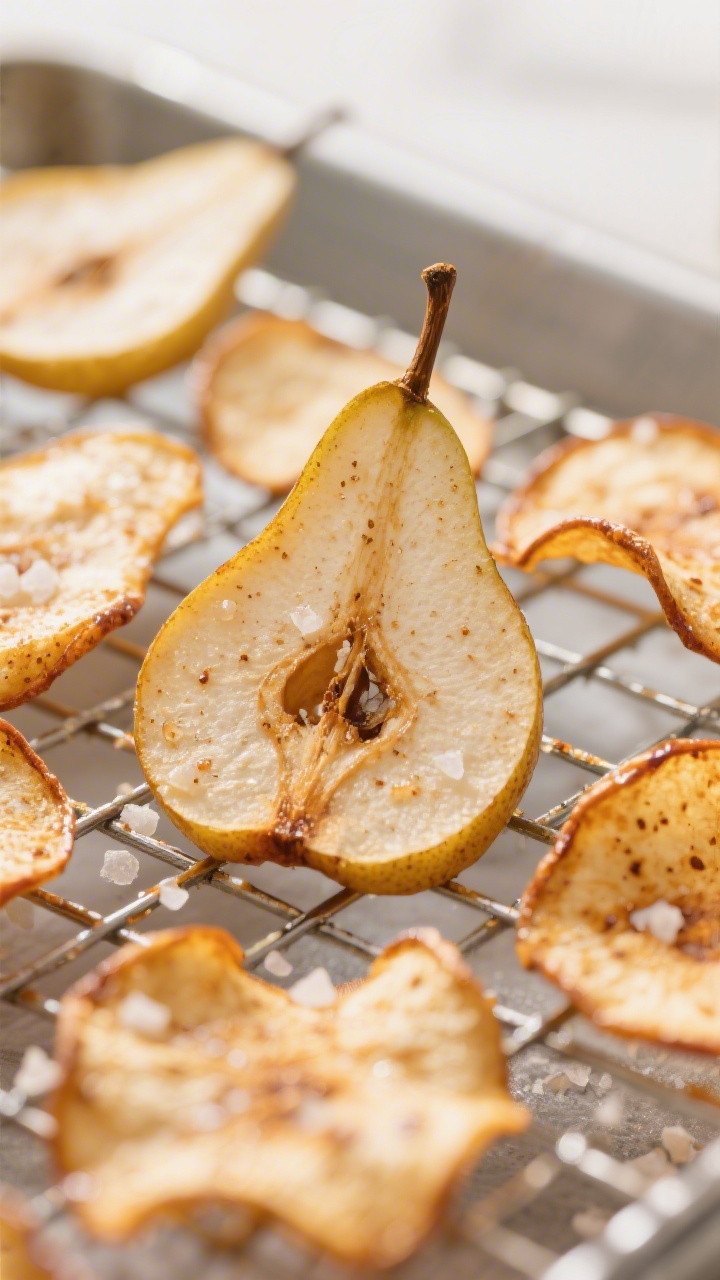 Close-up detail of freshly air-fried cinnamon pear chips cooling on a wire rack, edges deeply golden