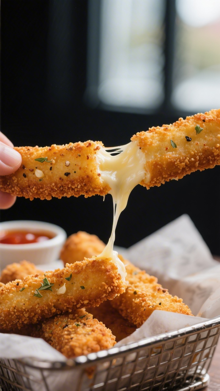 Close-up detail of freshly air-fried mozzarella sticks just out of the basket, golden-brown double-b