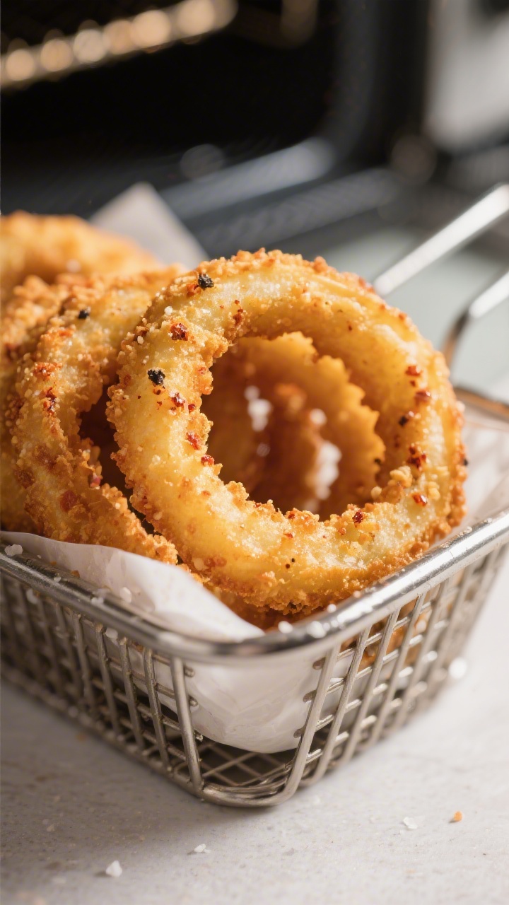 Close-up detail of freshly air-fried onion rings just out of the basket: ultra-crisp panko crust wit