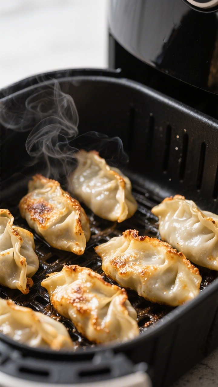 Close-up detail of freshly air-fried potstickers in the basket: golden, crispy bottoms facing up wit