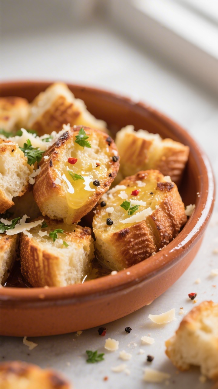 Close-up detail, post-toss finish: Ultra close-up of freshly cooked garlic bread bites just tossed i