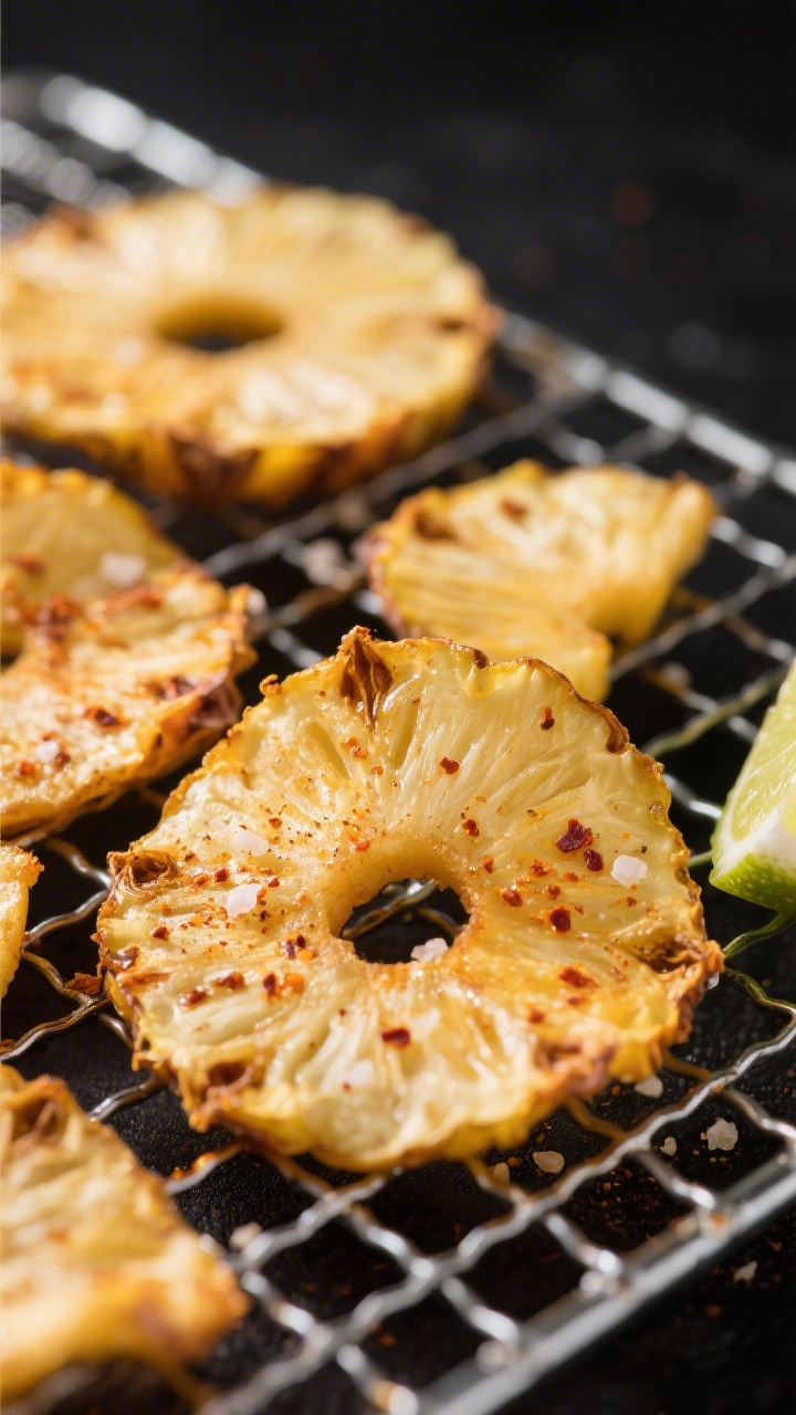 Close-up detail shot: Air-fried pineapple chips just finished cooking, edges lightly curled and gold