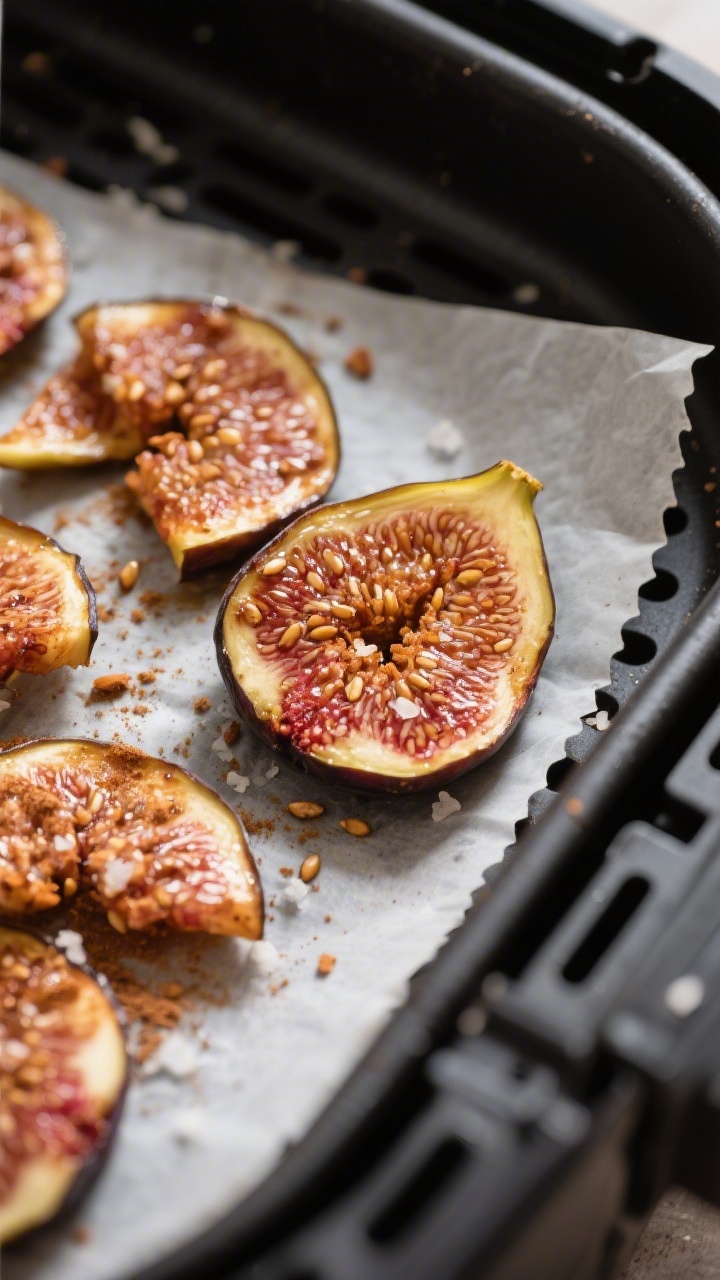 Close-up detail shot: Air fryer fig chips just finished cooking, edges lightly caramelized and gloss
