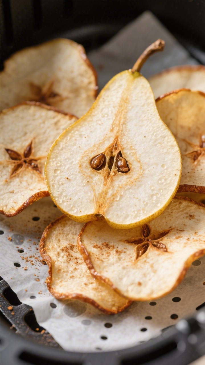 Close-up detail shot: Air fryer pear chips just finished cooking in the basket, thin round slices wi