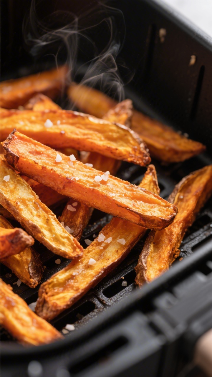 Close-up detail shot: Crispy air-fried sweet potato fries just out of the basket at 390–400°F, ed
