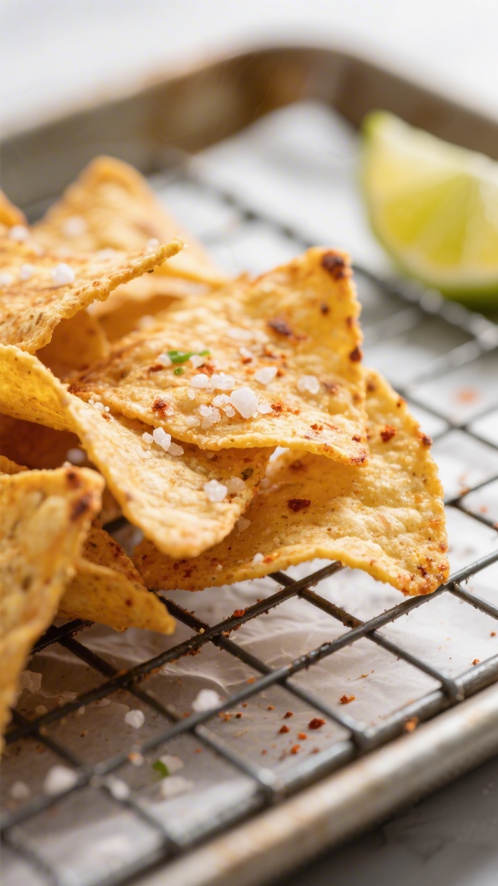 Close-up detail shot: Golden-brown air-fried corn tortilla chips just out of the basket, edges sligh