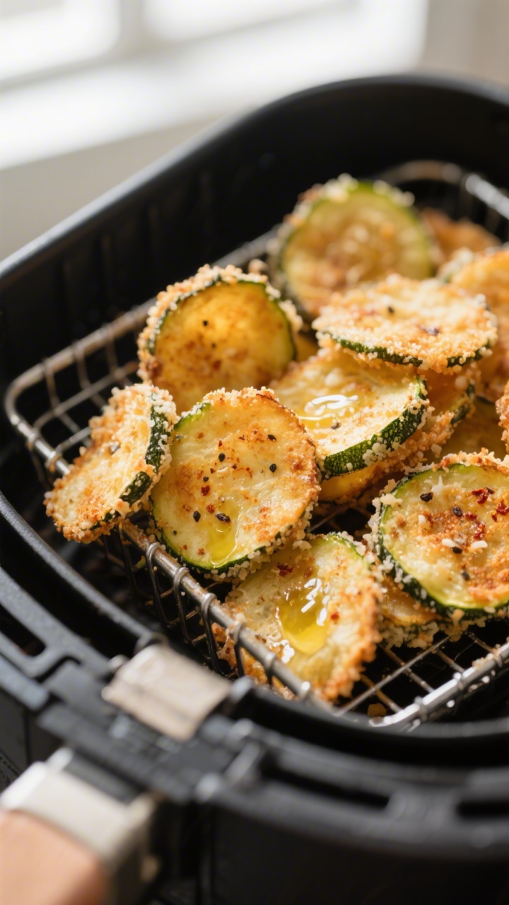 Close-up detail shot: Golden-brown air fryer zucchini chips just out of the basket, edges deeply cri