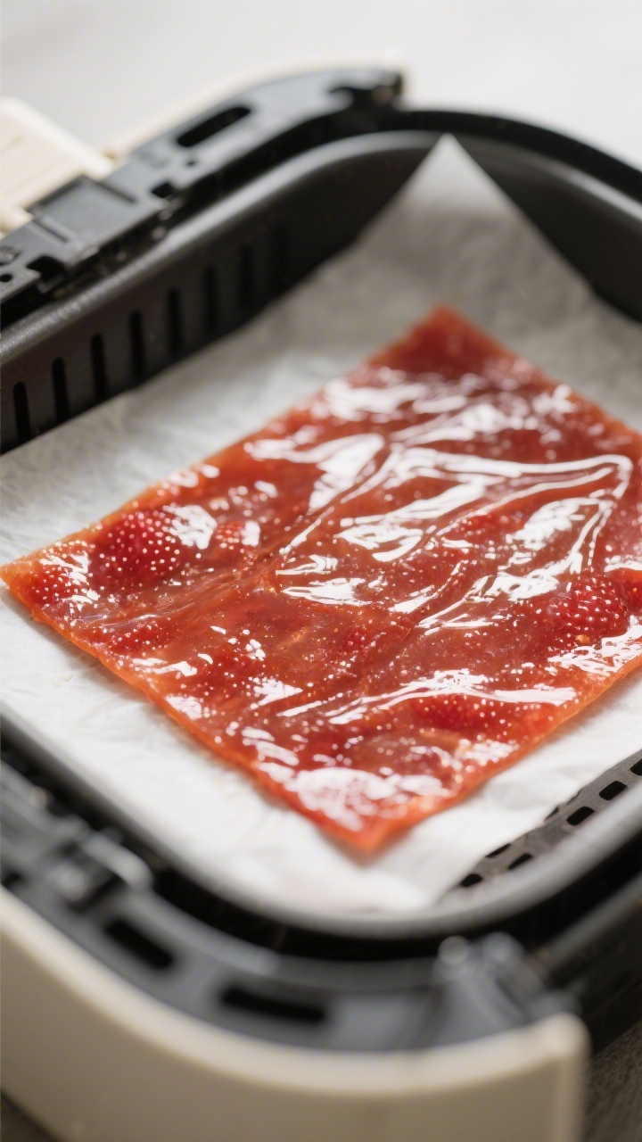 Close-up detail shot of a glossy sheet of strawberry fruit leather just finished drying on parchment