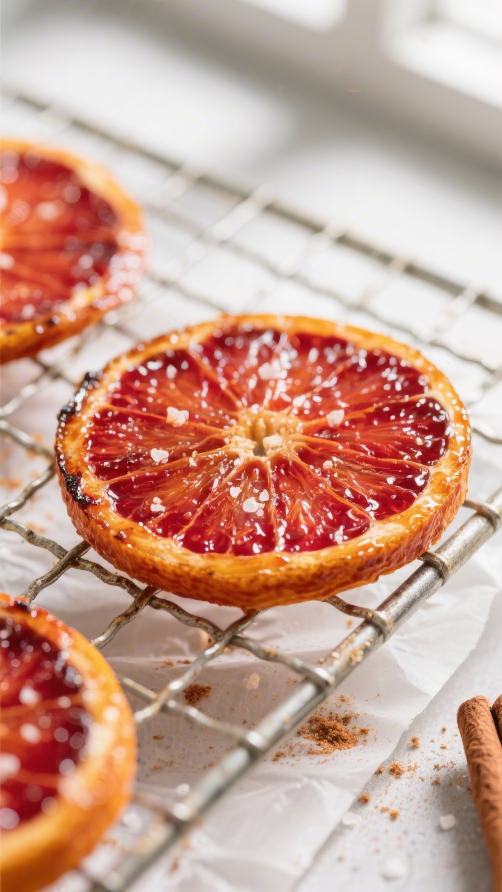 Close-up detail shot of air-fried blood orange slices cooling on a wire rack, edges lightly carameli