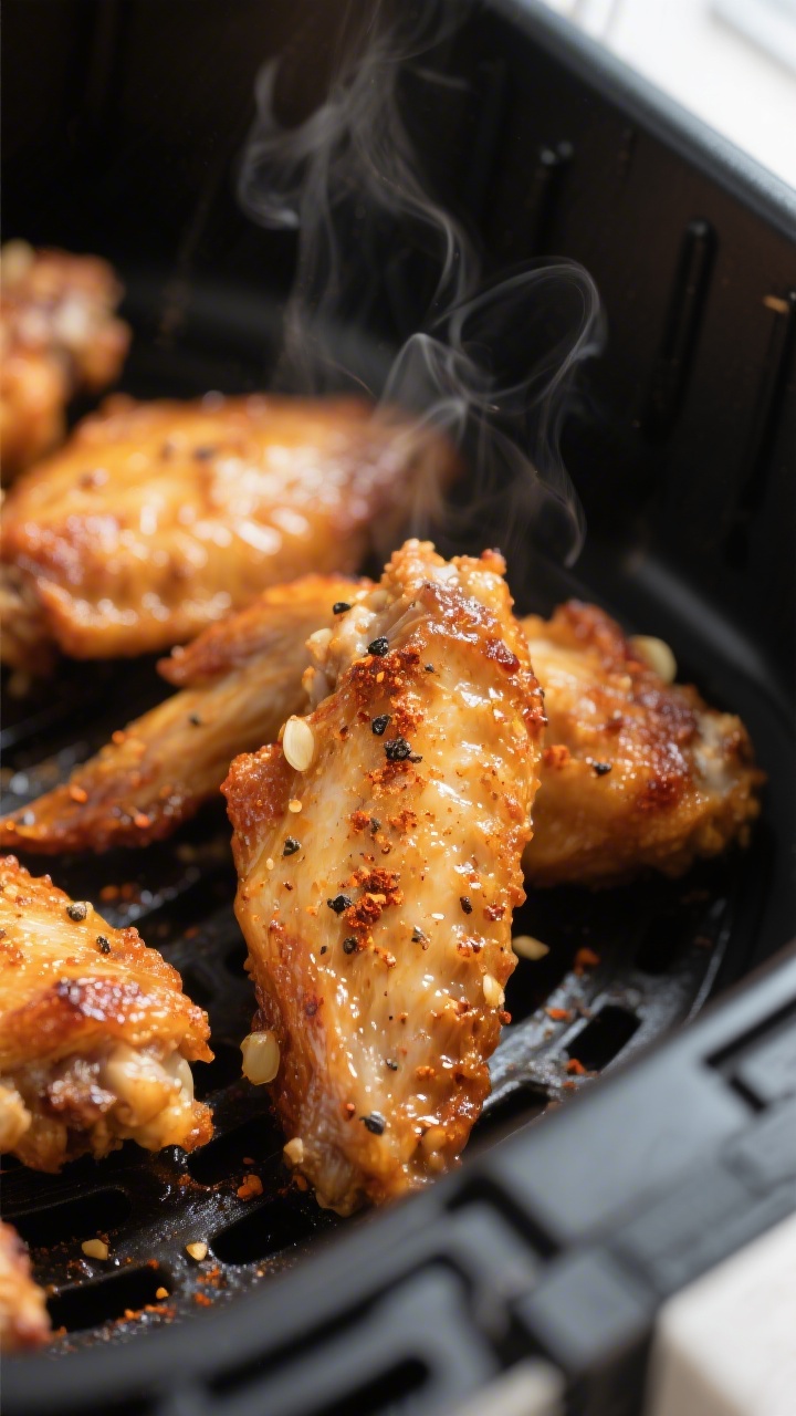 Close-up detail shot of crispy air-fried chicken wings just after the second cook, golden-brown skin