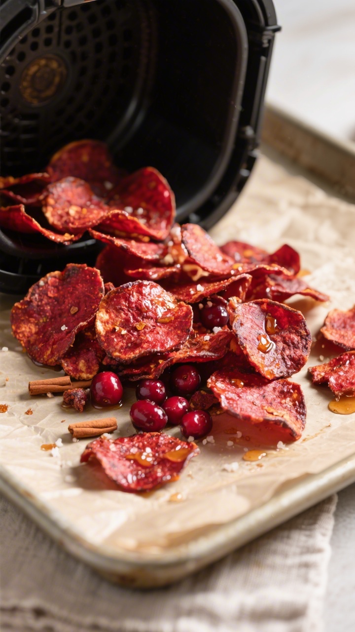 Close-up detail shot of finished air-fried cranberry chips spilling from an air fryer basket onto a