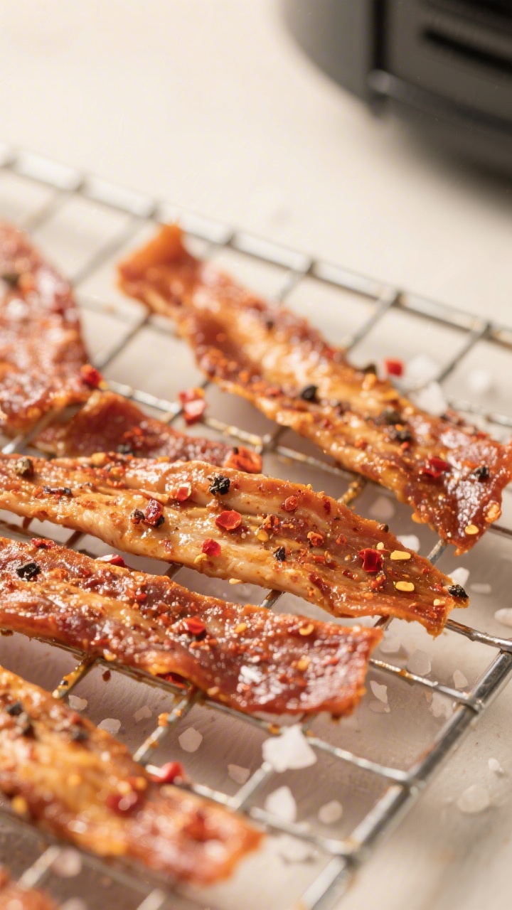 Close-up detail shot of finished air fryer chicken jerky strips cooling on a wire rack, highlighting