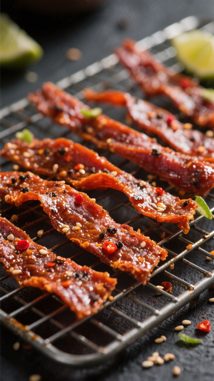 Close-up detail shot of finished Air Fryer Sriracha Jerky strips cooling on a wire rack, glistening