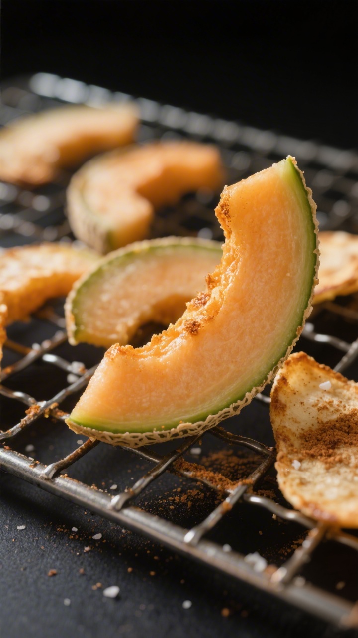 Close-up detail shot of freshly air-fried cantaloupe chips cooling on a wire rack, showing lightly c