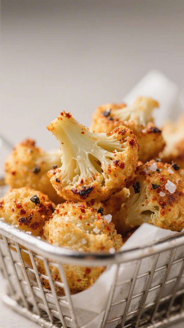 Close-up detail shot of freshly air-fried cauliflower bites just out of the basket, deeply golden wi
