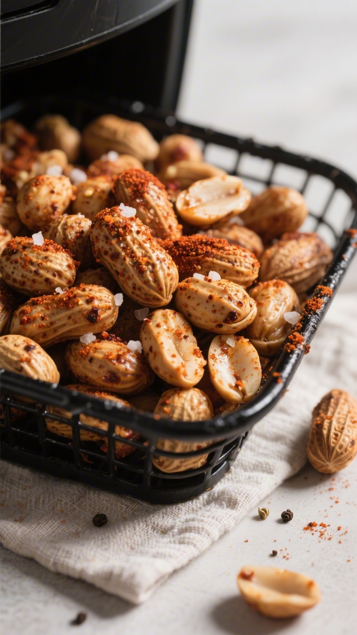 Close-up detail shot of freshly air-fried spicy peanuts just out of the basket, glistening with a li