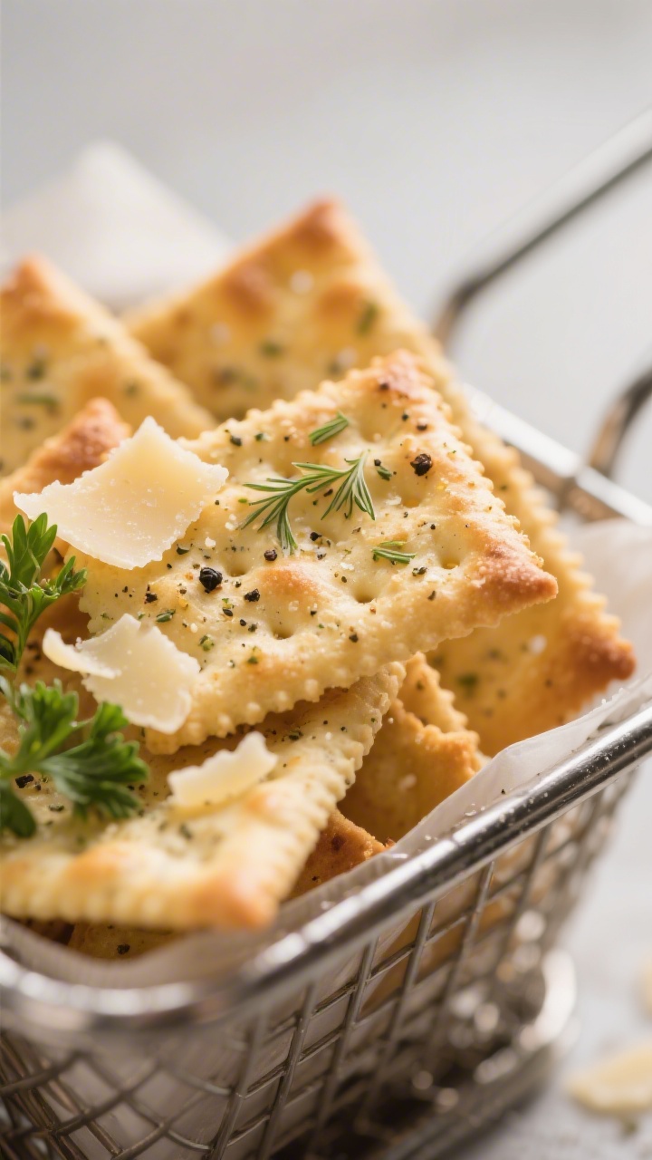 Close-up detail shot of golden-brown Air Fryer Ranch Crackers just out of the basket, showing light