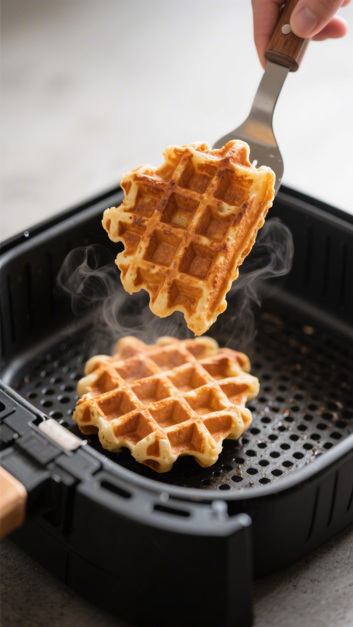 Close-up detail shot of two Belgian-style waffles just finished in the air fryer basket, golden brow