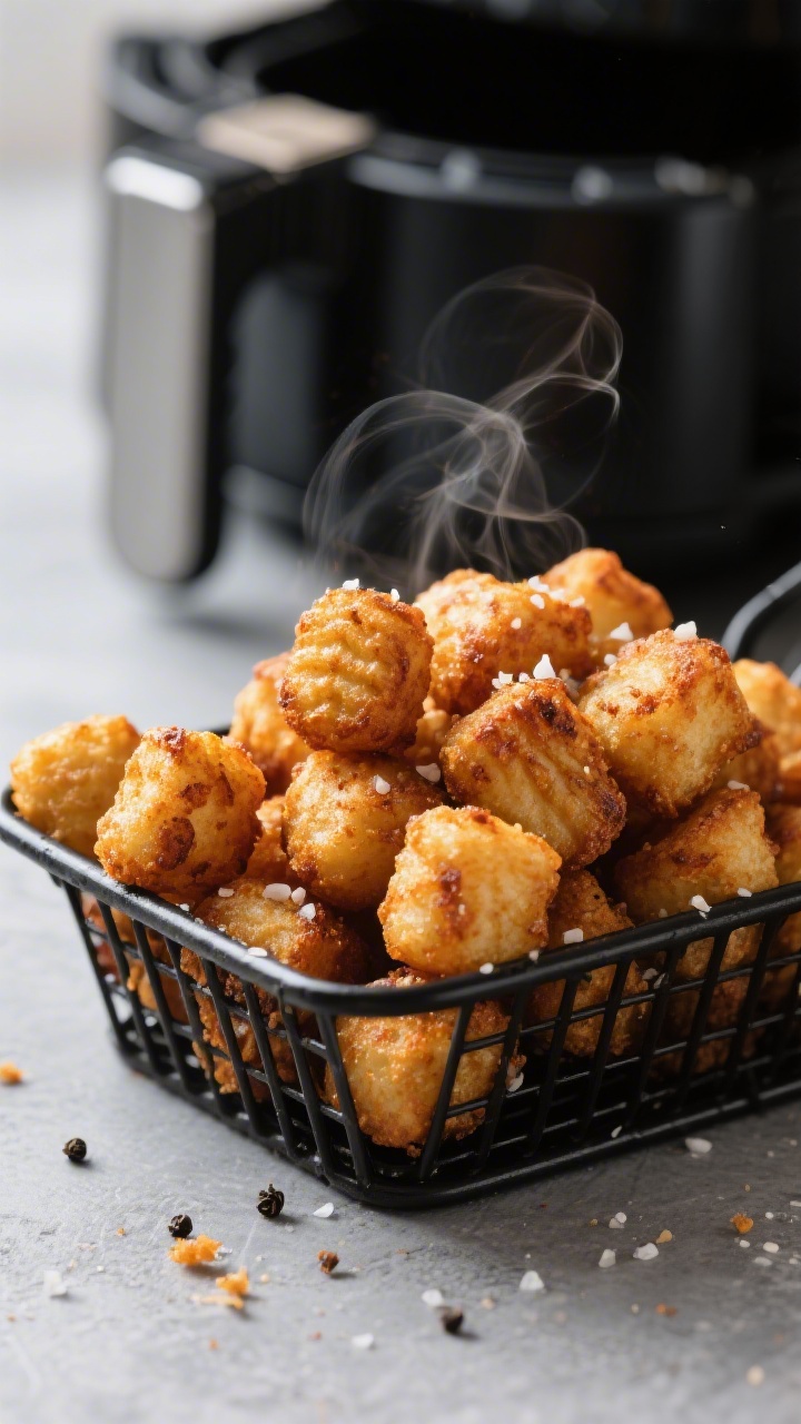 Close-up detail shot: Pile of air-fried tater tots just out of the basket, deep golden-brown with bl