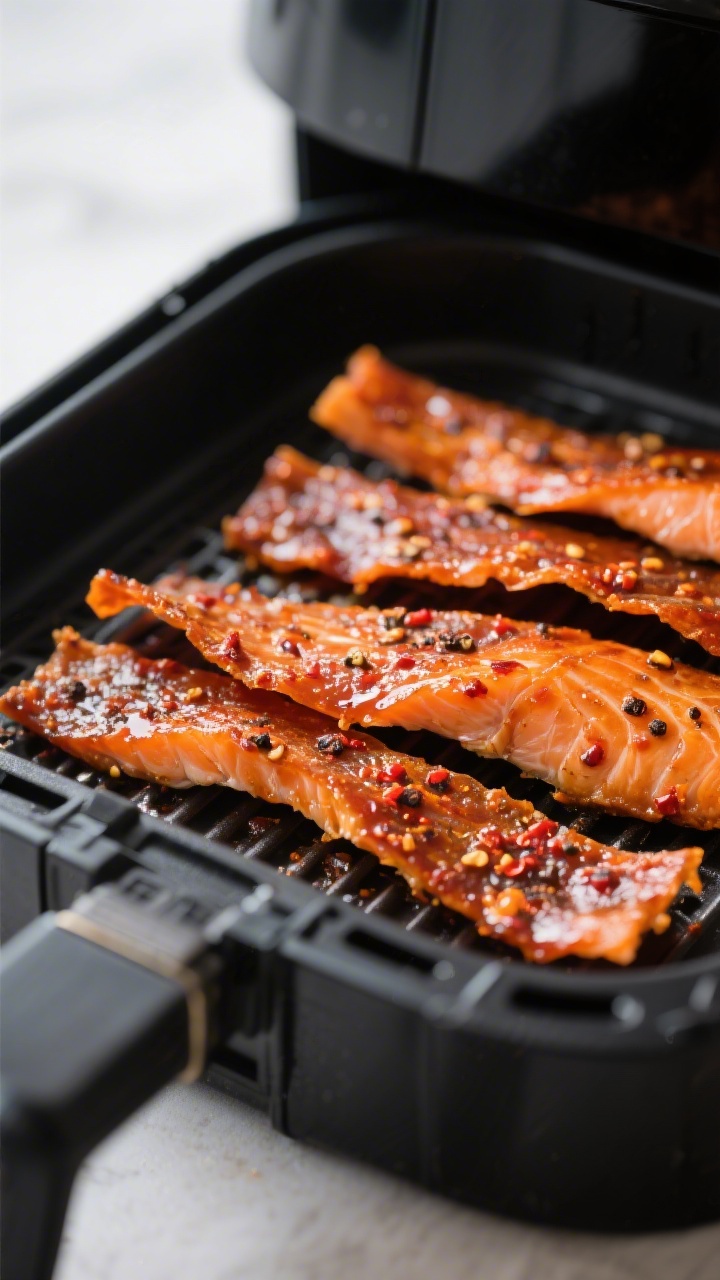 Close-up detail: Sliced strips of cooked Cajun salmon jerky resting on an air fryer basket, edges sl