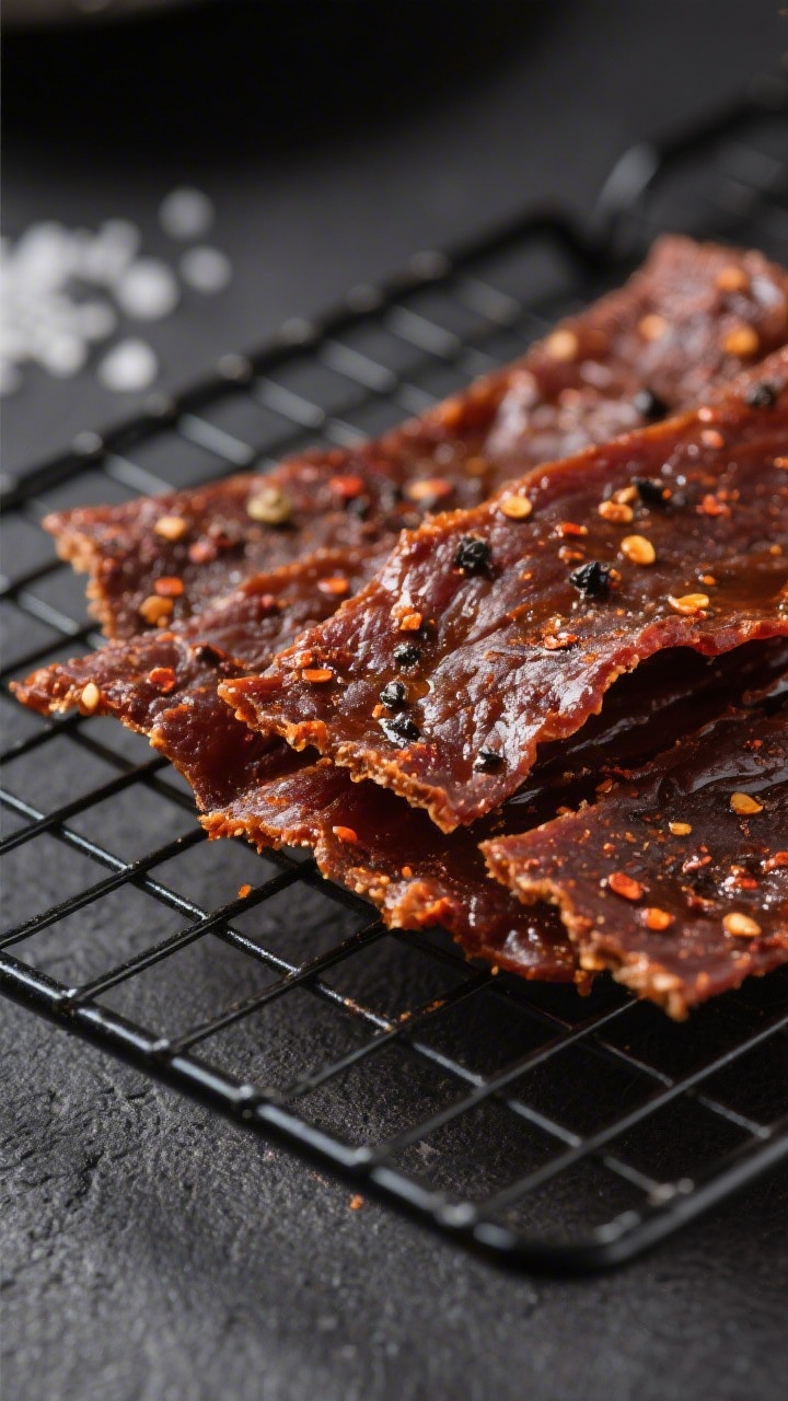Close-up detail: Slices of finished air fryer keto beef jerky resting on a wire cooling rack, rich m