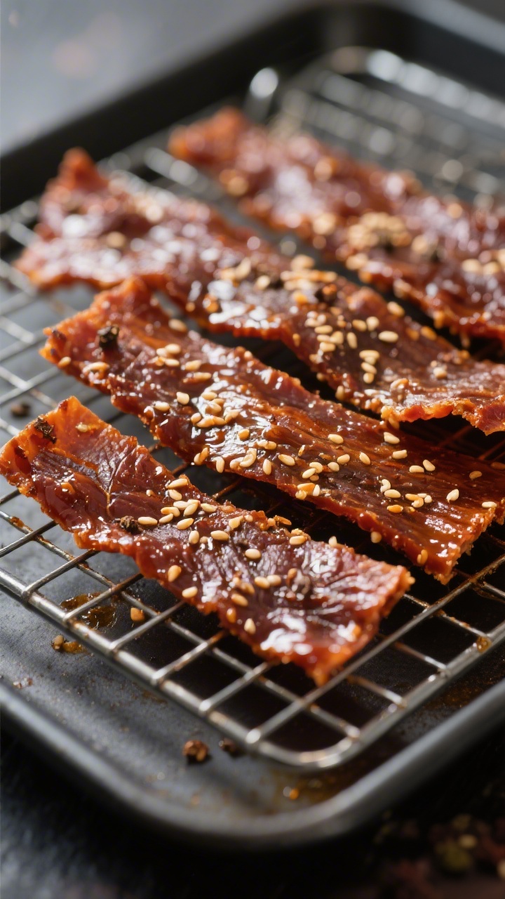 Close-up detail: Tender-chewy strips of air fryer Korean beef jerky just finished, showing glossy ca