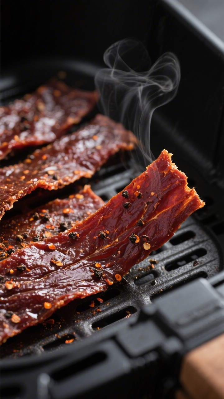 Close-up detail: Tender, fully dried beef jerky strips fresh from the air fryer basket, deep mahogan
