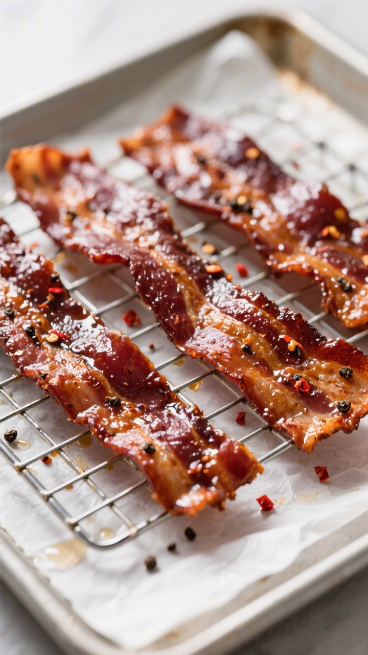 Close-up detail: Thick-cut maple bacon jerky just out of the air fryer, deep mahogany strips with gl
