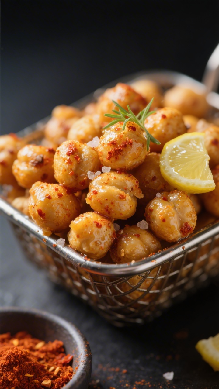 Close-up detail: Ultra-crisp air-fried chickpeas just out of the basket, deeply golden with visible