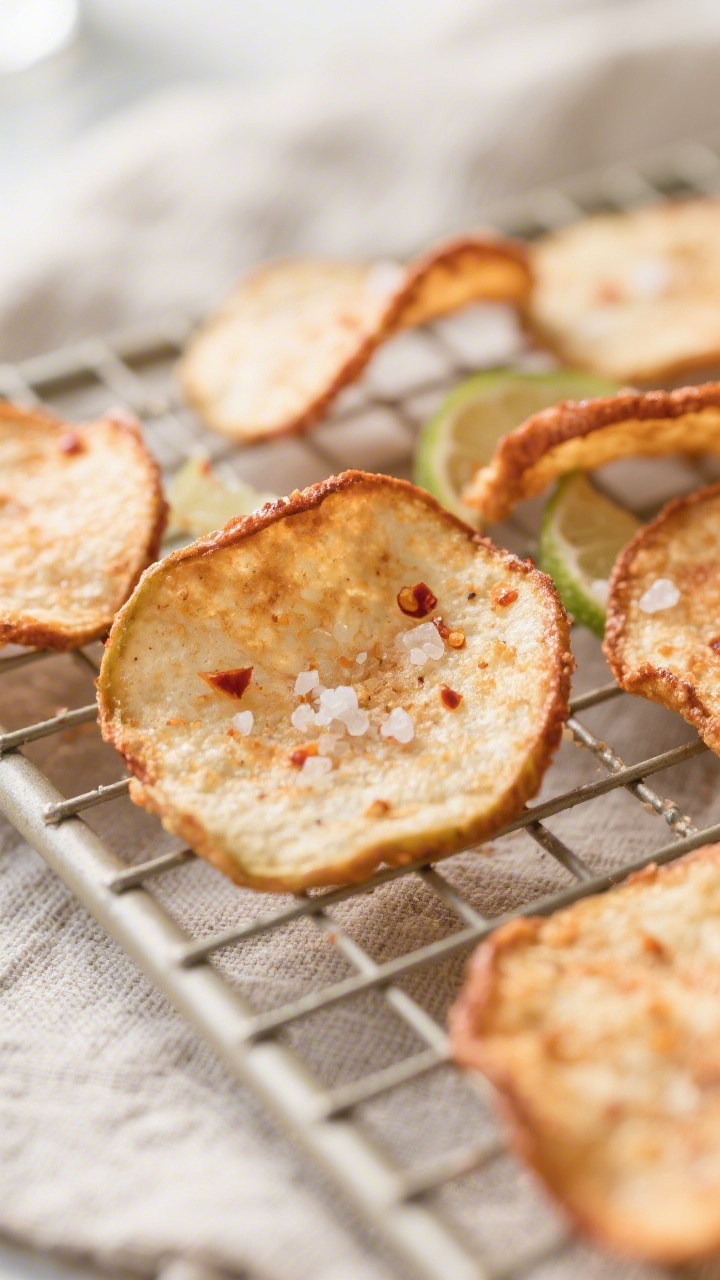 Close-up detail: Ultra-crisp air-fried guava chips just cooled on a wire rack, edges lightly copper-