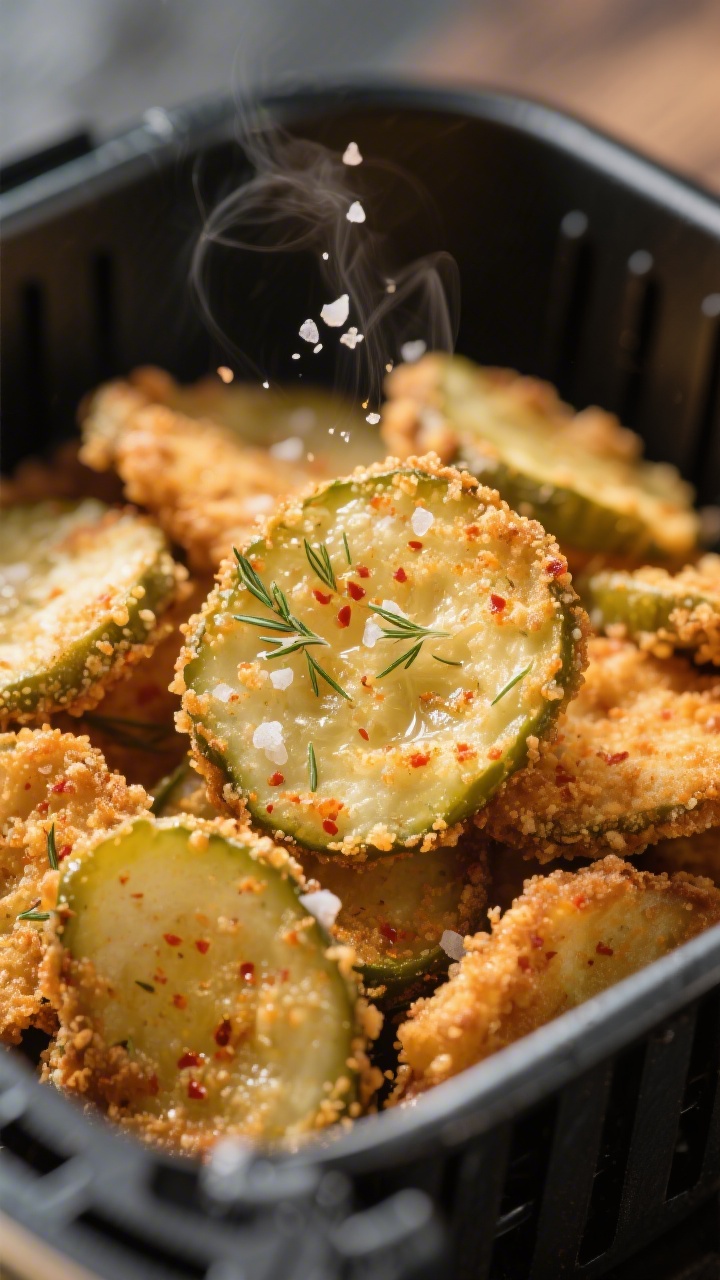 Close-up detail: Ultra-crisp air fryer fried pickle chips just out of the basket, golden-brown panko