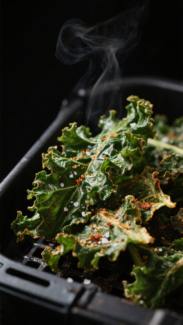 Close-up detail: Ultra-crisp air fryer kale chips just out of the basket, deep emerald-green with sl