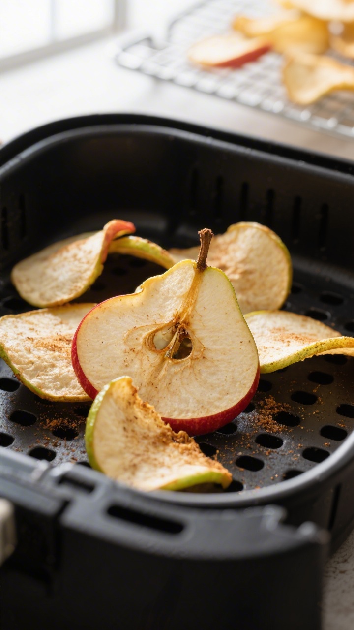 Close-up detail: Ultra-crisp apple and pear chips fresh from the air fryer basket, edges lightly gol