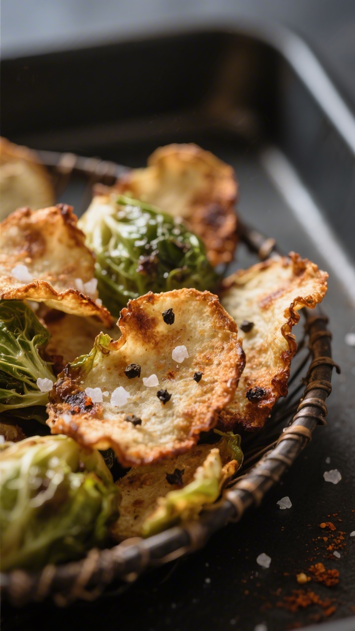 Close-up detail: Ultra-crispy air-fried Brussels sprouts chips just out of the basket, browned ruffl