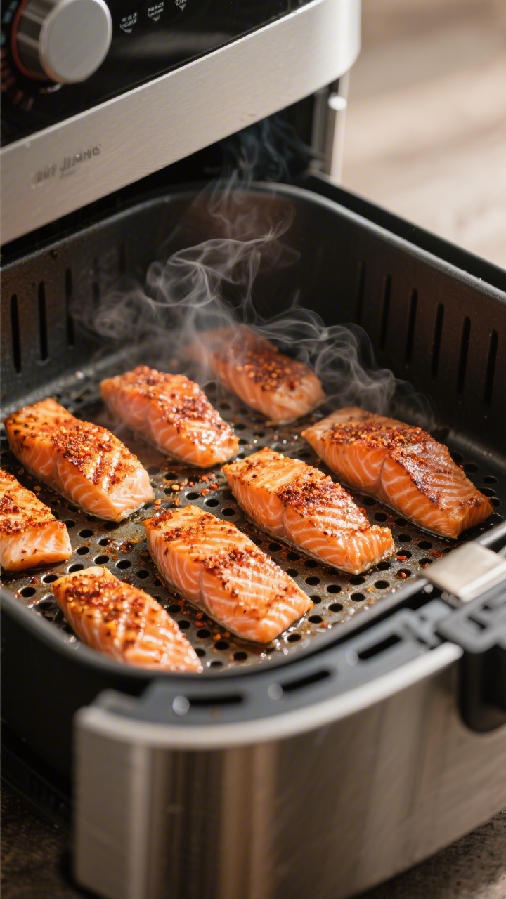 Cooking process: Air-fried Cajun salmon strips mid-cook in the open air fryer, evenly spaced on a pe
