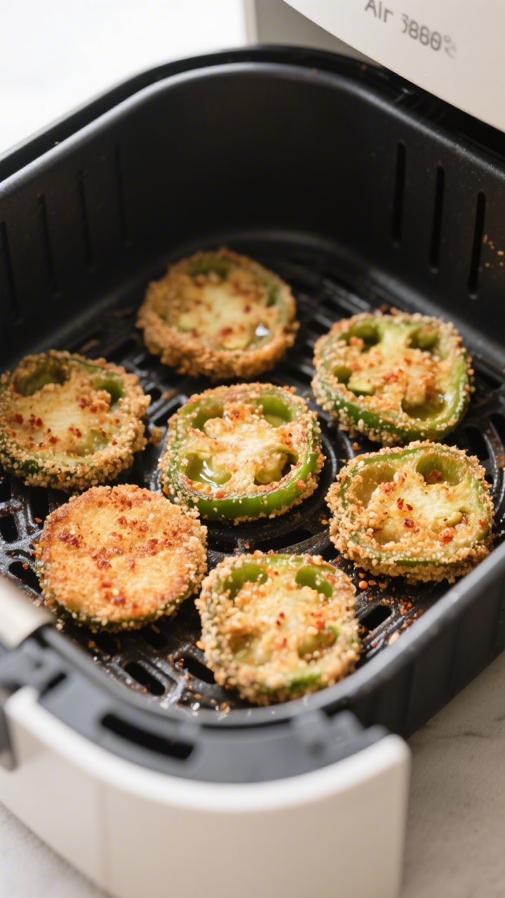 Cooking process: Air fryer basket arranged with a single layer of breaded jalapeno coins mid-cook at