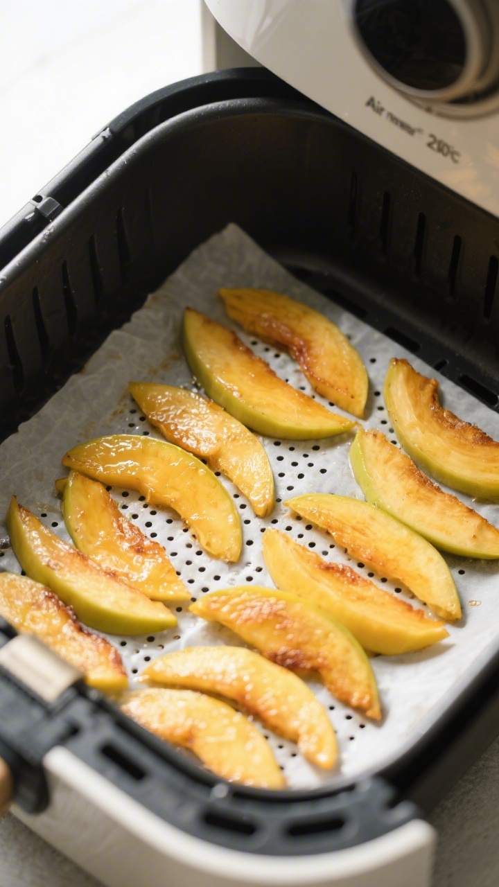 Cooking process: Air fryer basket at 200°F showing a single, evenly spaced layer of thin 1/8-inch m