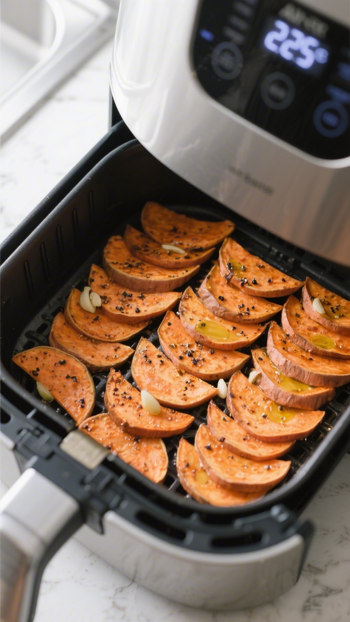 Cooking process: Air fryer basket filled with a single, non-overlapping layer of seasoned sweet pota