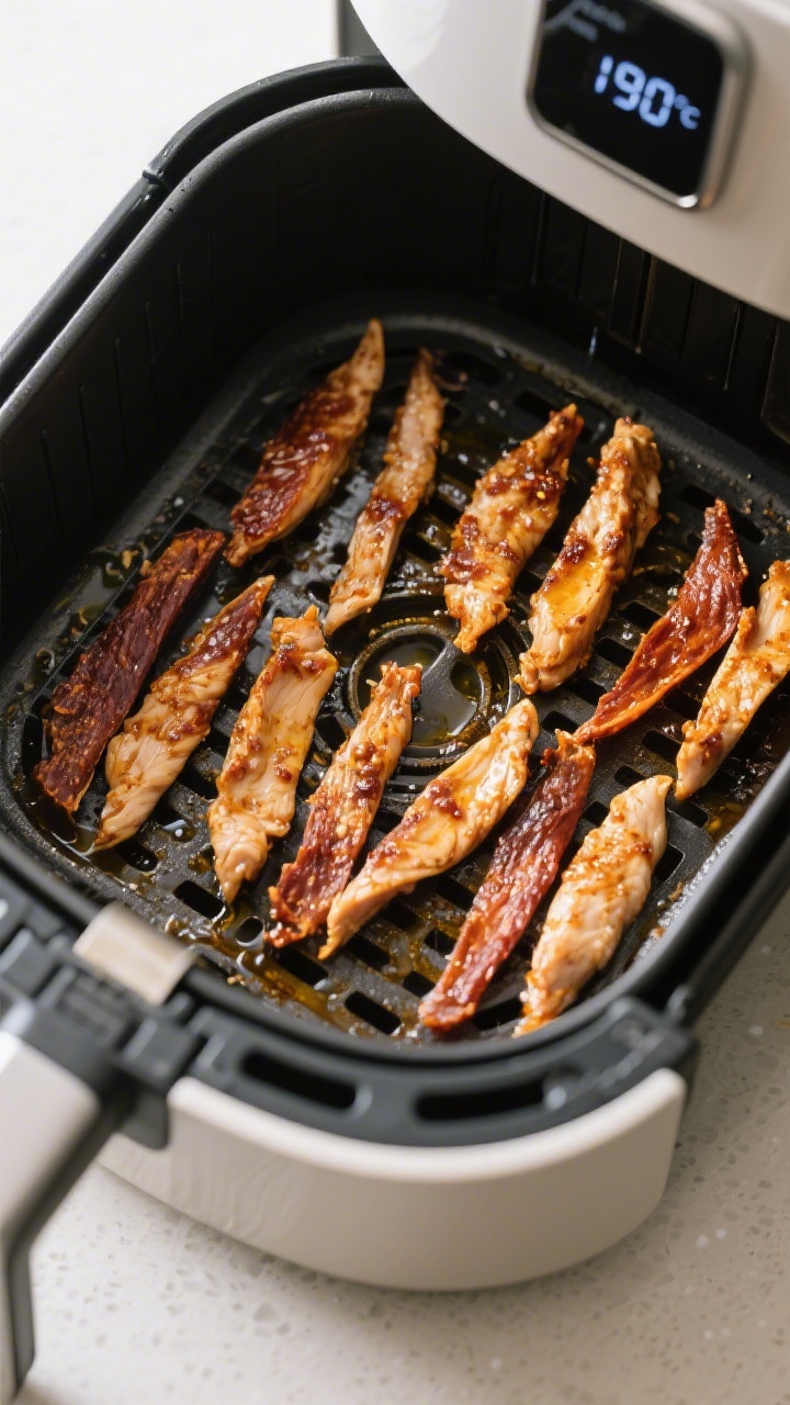 Cooking process: Air fryer basket loaded with evenly spaced, marinated chicken jerky strips mid-dry