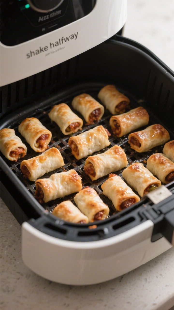 Cooking process: Air fryer basket open mid-cook showing pizza rolls arranged in a perfect single lay