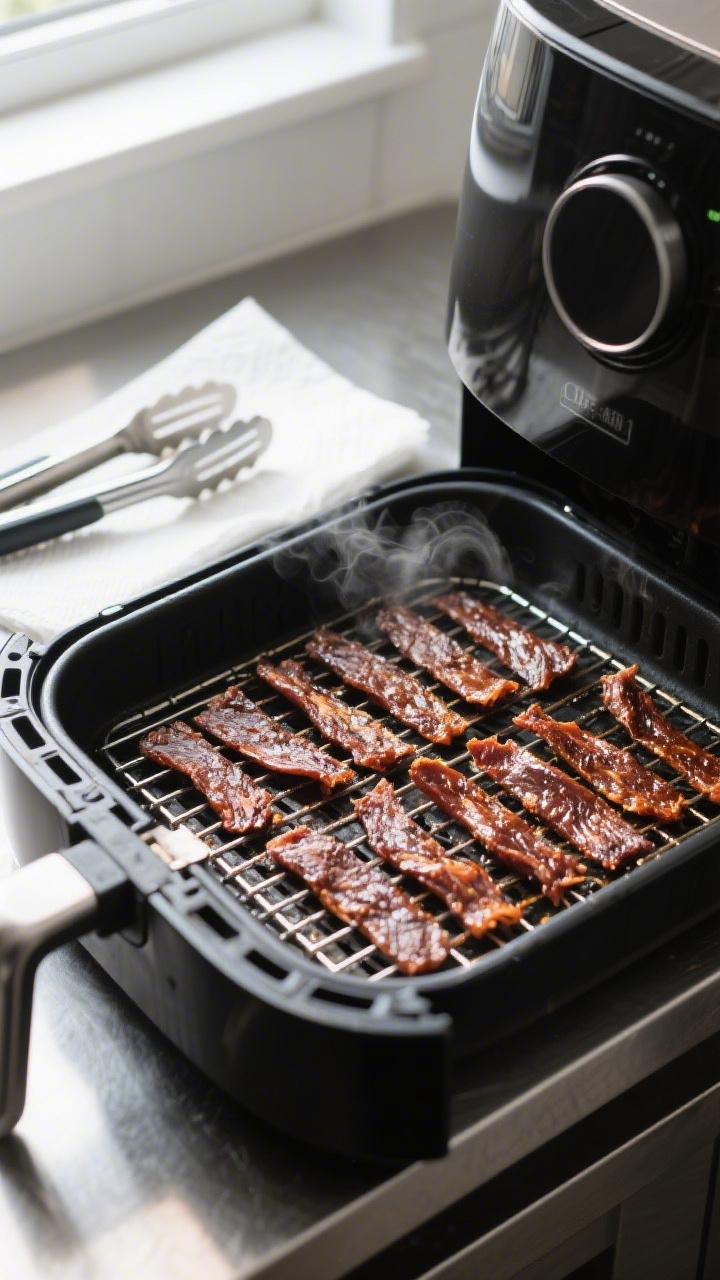 Cooking process: Air fryer basket scene with evenly spaced, cooked jerky strips laid in a single lay
