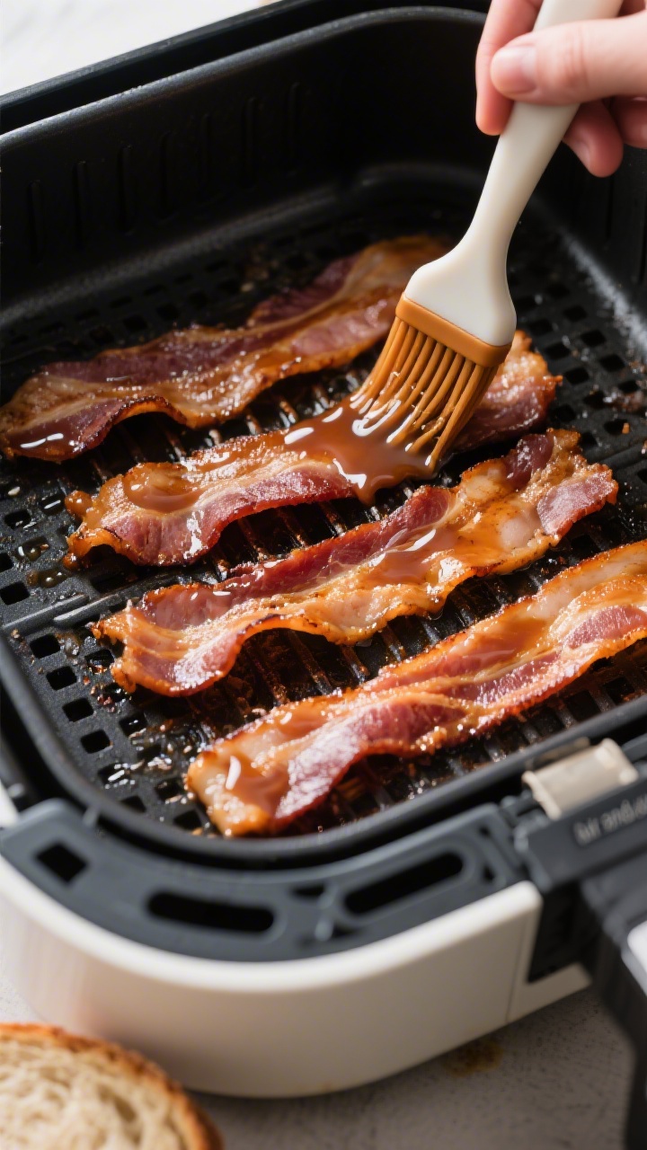 Cooking process: Air fryer basket shot at 300°F mid-cook, single layer of bacon slices spaced apart