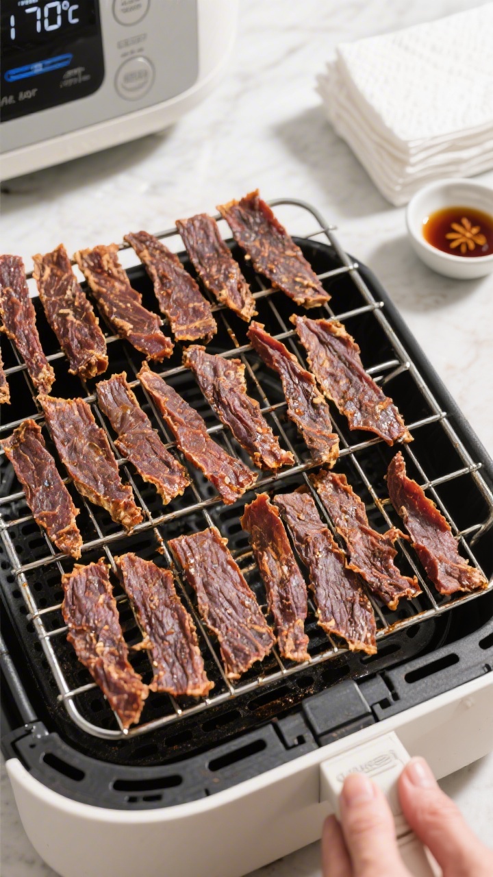 Cooking process: Air fryer bison jerky mid-dry, overhead shot of evenly spaced, 1/8–1/4-inch-thick