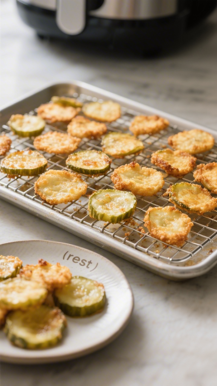 Cooking process: Air fryer fried pickle chips mid-cook on a wire rack set over a sheet pan after fli