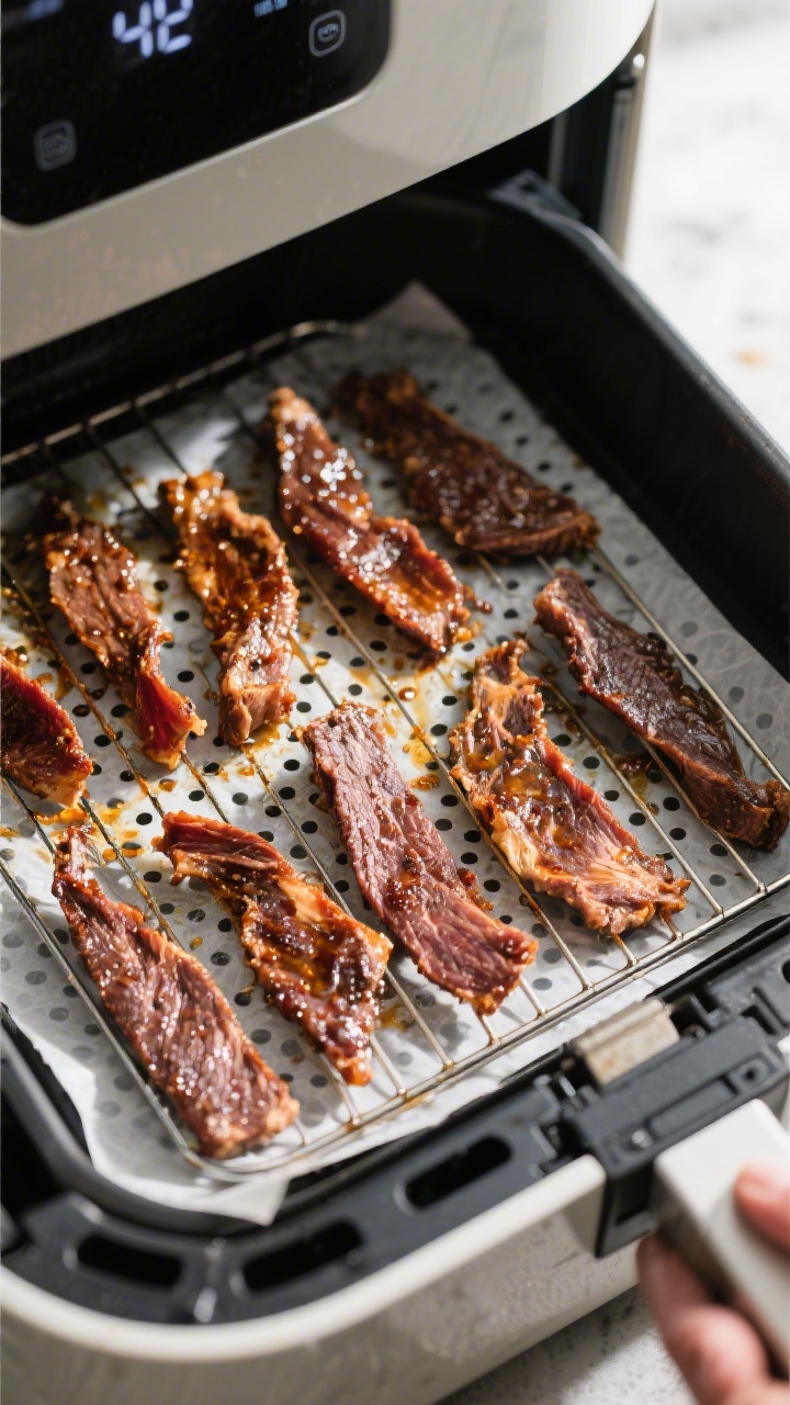 Cooking process: Air fryer racks loaded with evenly spaced, fully marinated beef strips (pat-dried a