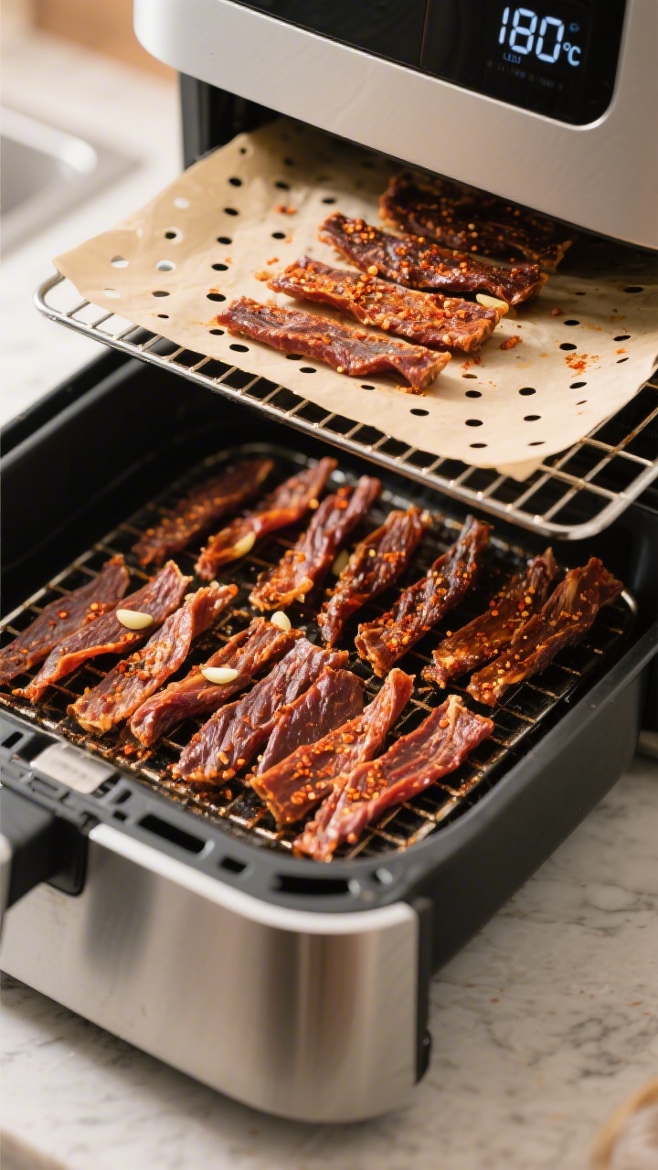 Cooking process: Air fryer racks loaded with evenly spaced, fully cooked jerky strips mid-rotation,
