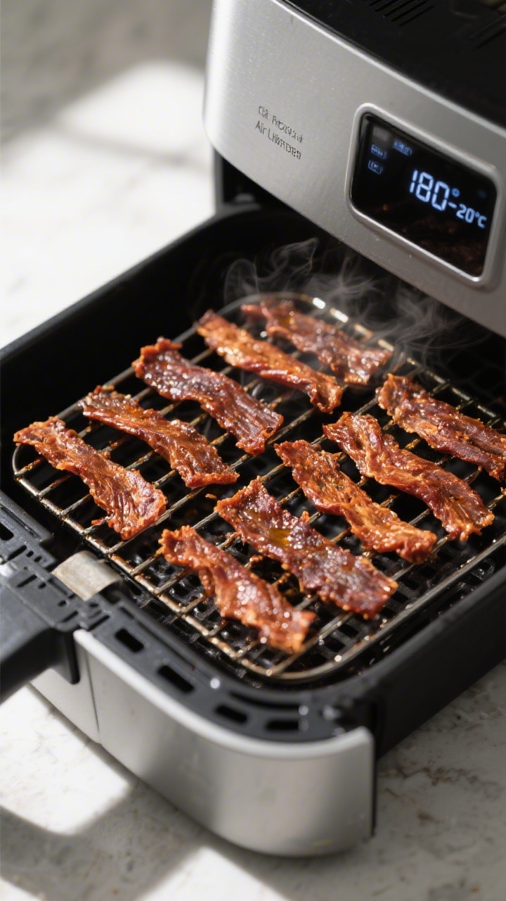 Cooking process: Air fryer racks loaded with evenly spaced, fully cooked jerky strips mid-rotation,