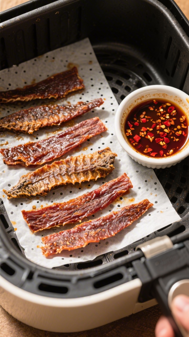 Cooking process: Alligator jerky strips arranged in a single, non-overlapping layer inside an air fr