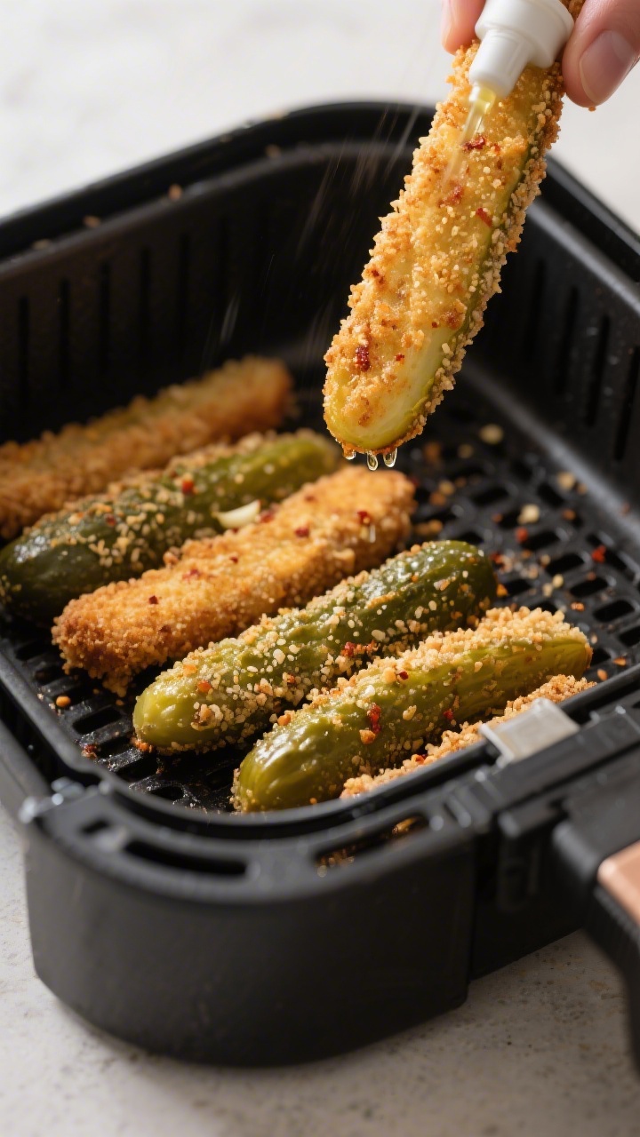 Cooking process: Breaded pickle spears arranged in a single, spaced layer in an air fryer basket at